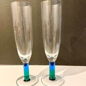 Champagne Flutes Blue Green Glass Stems Set of 2 Sparkling Wine